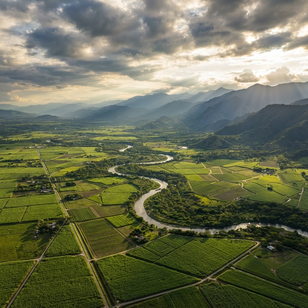 Paisaje aéreo del Valle del Cauca al atardecer